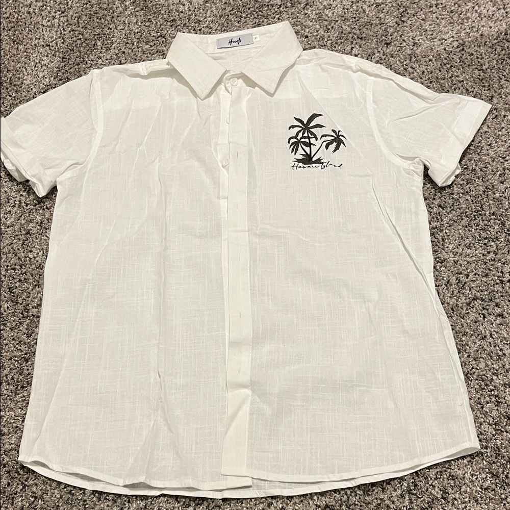 Casual White Palm Tree Button Down Shirt